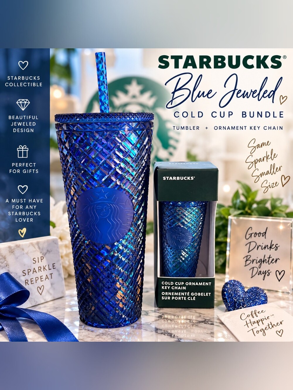 💙 Starbucks Blue Jeweled Cold Cup + Matching Keychain Bundle